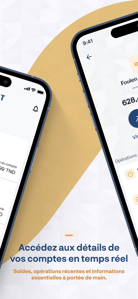 MyBIAT - Two mobile phones displaying the MyBIAT app interface showing real-time bank account balances and transaction history in French.