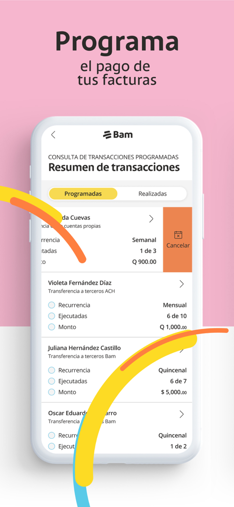 Bamapp Personas - Mobile app interface of Bamapp Personas showing the bill payment scheduling feature and transaction summary