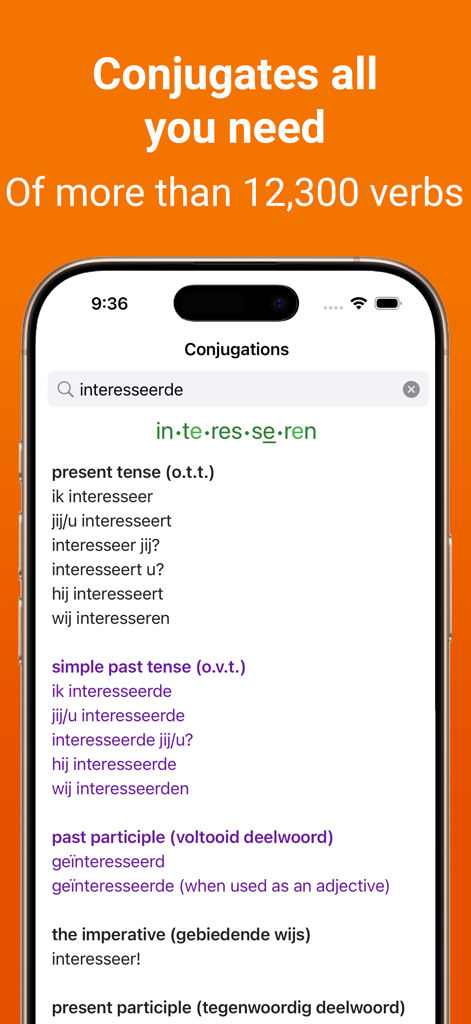 Dutch Verb Conjugations - オランダ語動詞活用アプリのモバイルインターフェース。動詞の時制と音節の分解が表示されています。
