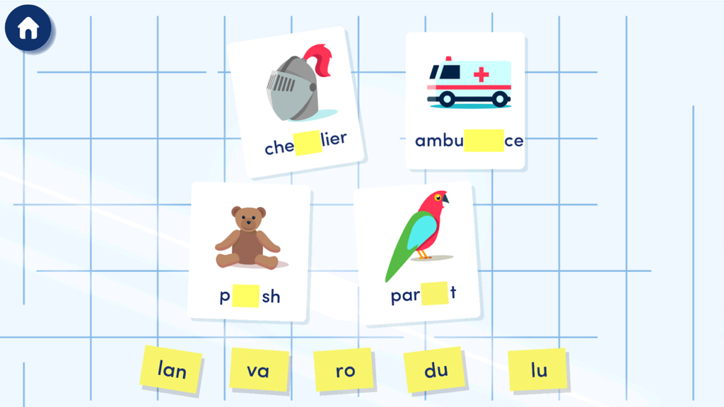 Montessori French Syllables - learn to read French words in a fun lab setting - A screenshot of the Montessori French Syllables app showing a word completion game with illustrated cards for a knight, ambulance, teddy bear, and parrot.