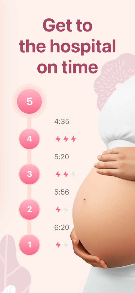Contraction Timer & Tracker - Contraction timer app screen showing labor tracking timeline and the text Get to the hospital on time.