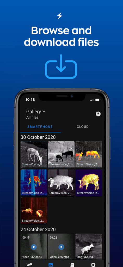 Screenshot of the Stream Vision 2 app gallery displaying thermal imaging photos and videos of wildlife like deer and hogs