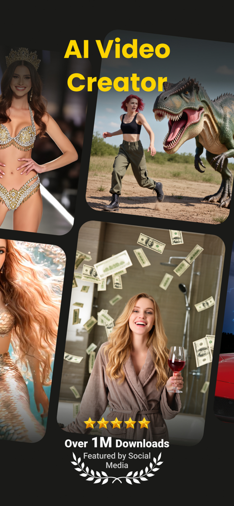 AI Movie Generator - KakaPic - La aplicación KakaPic AI Video Creator mostrando varios estilos de vídeo generados por IA como una persecución de dinosaurios y una sirena.