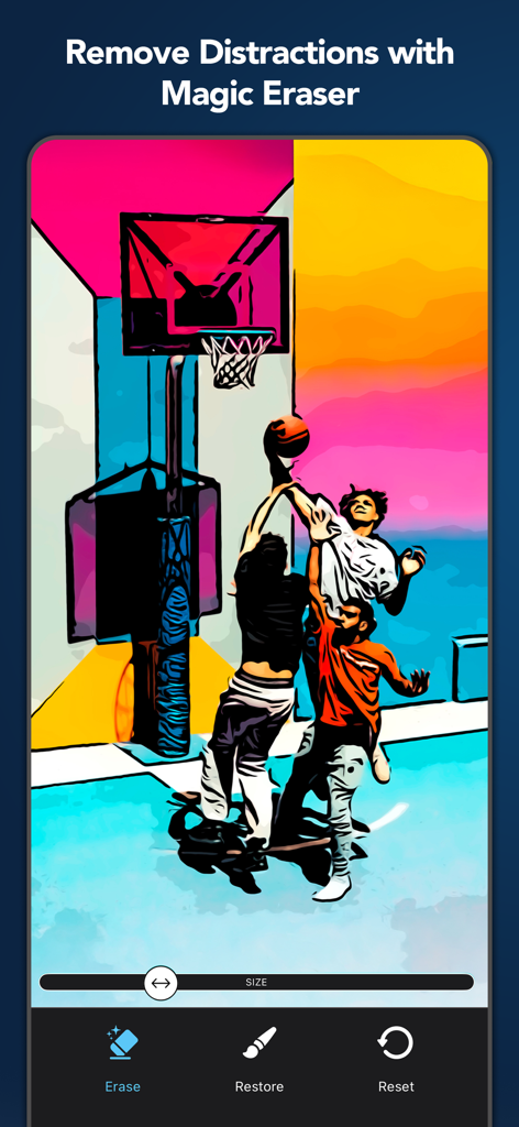 Clip2Comic: Cartoon Yourself - Una escena de baloncesto caricaturizada siendo editada con la herramienta Borrador Mágico en la aplicación Clip2Comic.