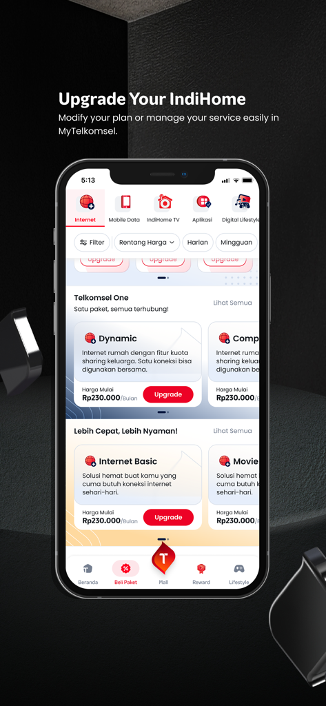 MyTelkomsel app screen showing various IndiHome internet package upgrade options with pricing in Indonesian Rupiah.