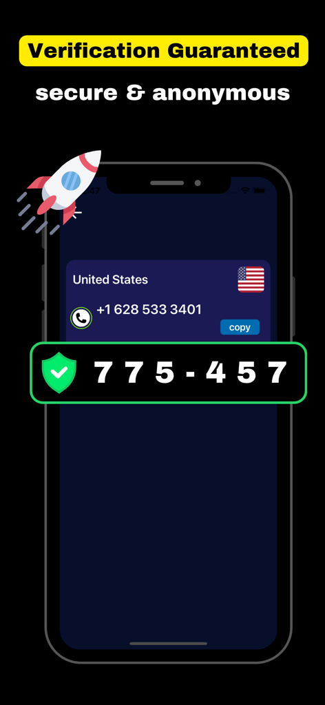 Virtual Phone Number :VCode - VCode App-Oberfläche, die eine US-virtuelle Nummer und einen erfolgreichen Verifizierungscode für die sichere Registrierung zeigt
