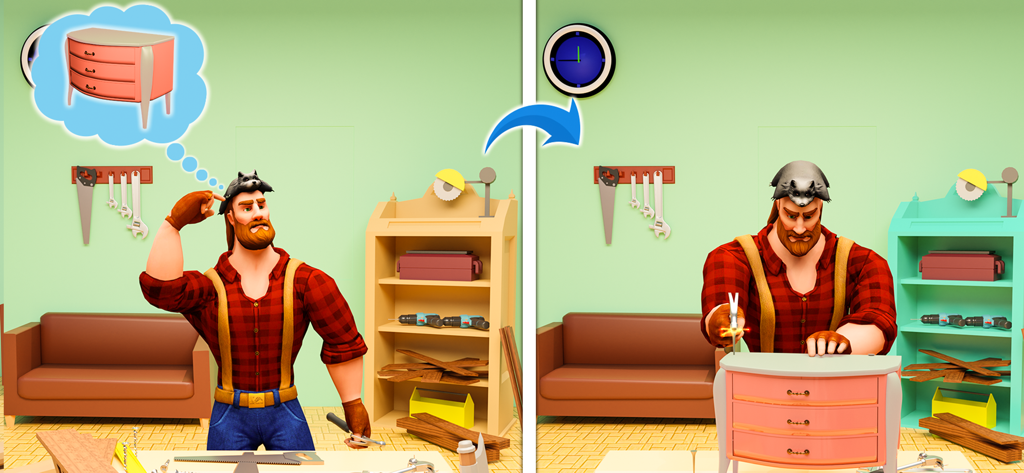A 3D animated carpenter character thinking about and then assembling a pink dresser in a workshop simulator