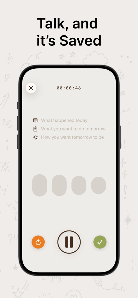 Voice Journal & Diary: Talklog - Écran d'enregistrement vocal de l'application Talklog avec des invites de journalisation et un chronomètre.
