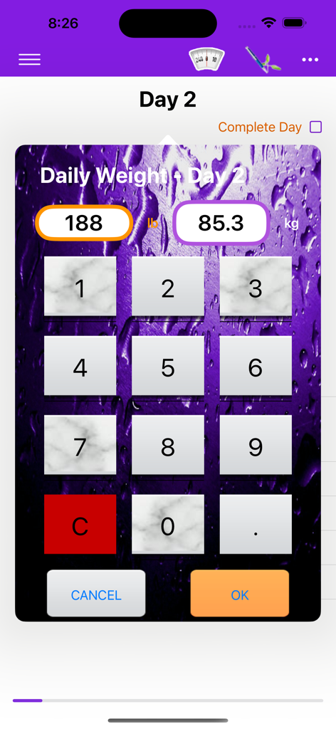 Pantalla de entrada de peso diario con teclado numérico en la aplicación 21 Day Slimple.