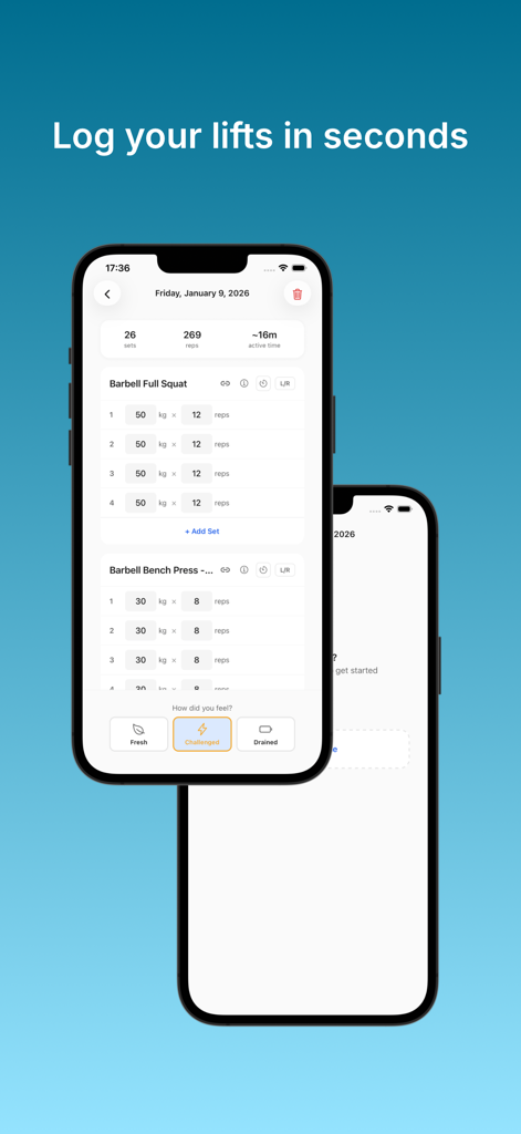 BaseLift: Gym Log & Diary - BaseLift app interface on an iPhone displaying a minimalist gym log for tracking sets, weight, and reps.