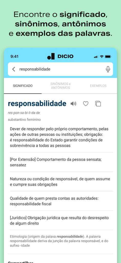 Dicionário de Português Dicio - Handybildschirm mit Definition und Synonymen in der mobilen App des Portugiesisch-Wörterbuchs Dicio