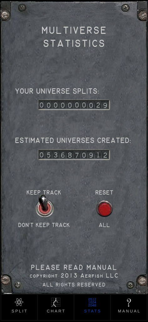 Multiverse statistics screen of the Universe Splitter app showing counters for splits and universes created on an industrial metal interface