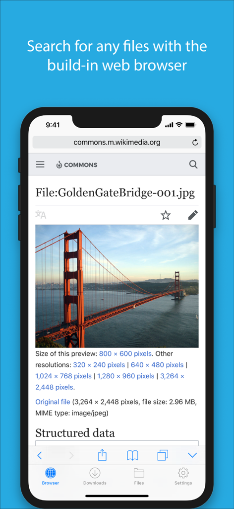 Captura de tela do navegador integrado do aplicativo Files mostrando uma pesquisa por uma foto da Golden Gate Bridge