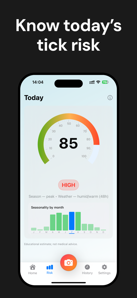 Tick Detector: Pet Tick Scan - Dashboard showing a high tick risk level of 85 with seasonal and weather data