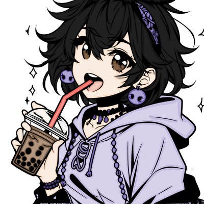 hot baddie anime girl drinking boba and biting the straw
