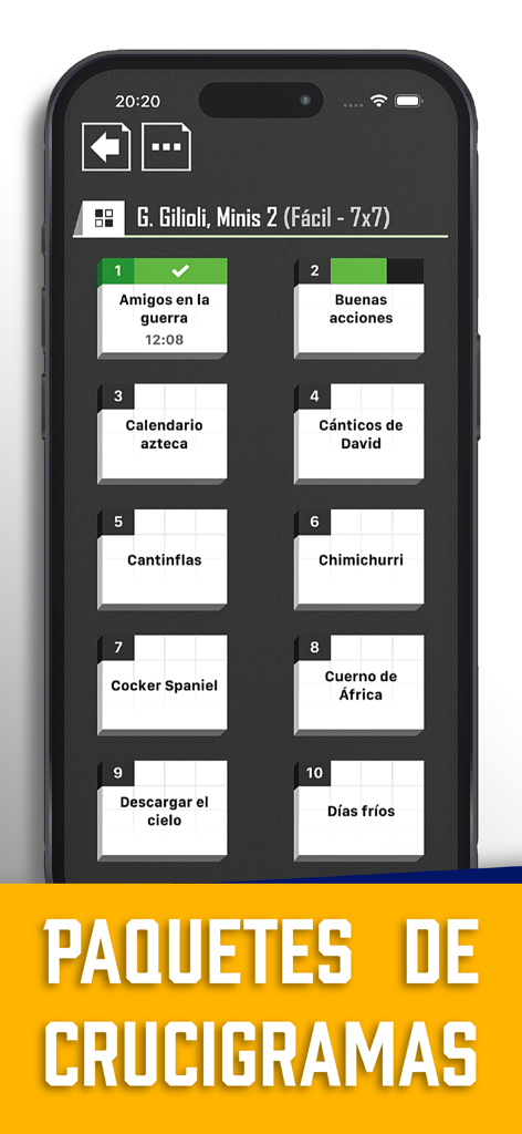 Crucigramas en Español :) - Interfaz que muestra una selección de paquetes de crucigramas en español dentro de la aplicación móvil.