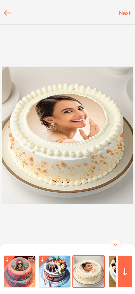 Birthday Photo Frame & Editor - Un pastel de cumpleaños con una foto personalizada de una mujer en la interfaz de la aplicación