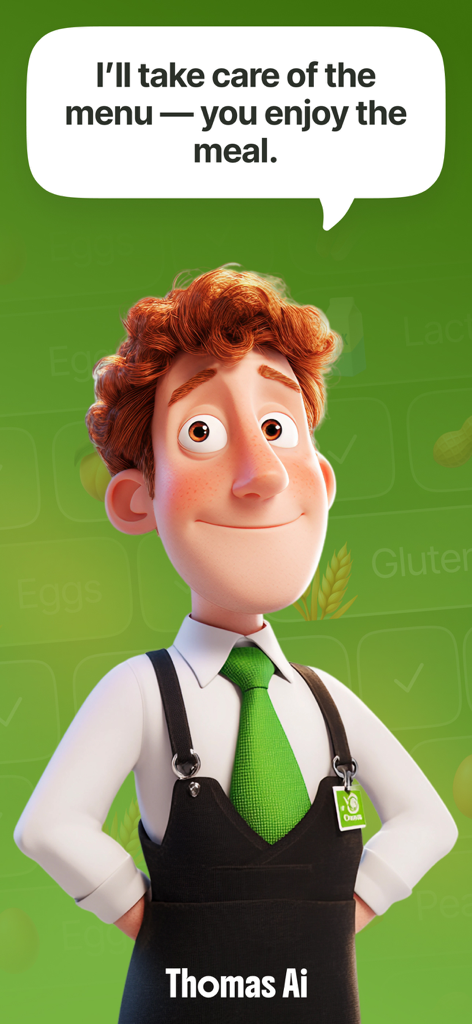 Thomas AI: Eat Smart & Healthy - A friendly cartoon character named Thomas AI wearing a waiter apron and tie offering to help with menu choices