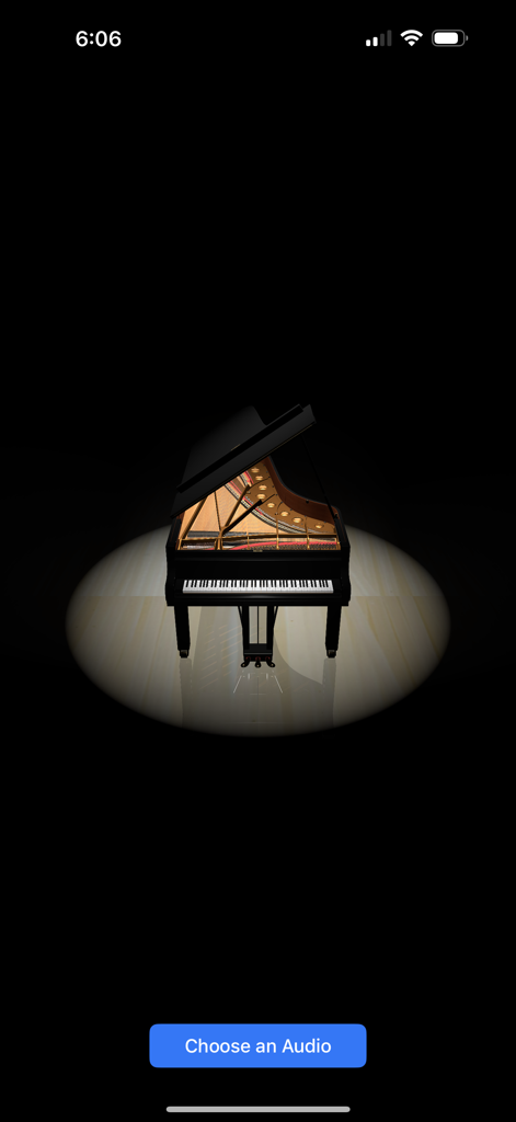 PianoVisualizer - A 3D grand piano model illuminated by a spotlight in the PianoVisualizer app interface with a button to choose an audio file