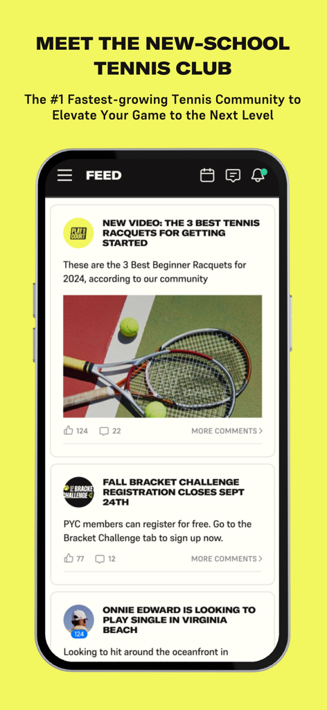PlayYourCourt mobile app interface showing a community feed with tennis tips and local match requests