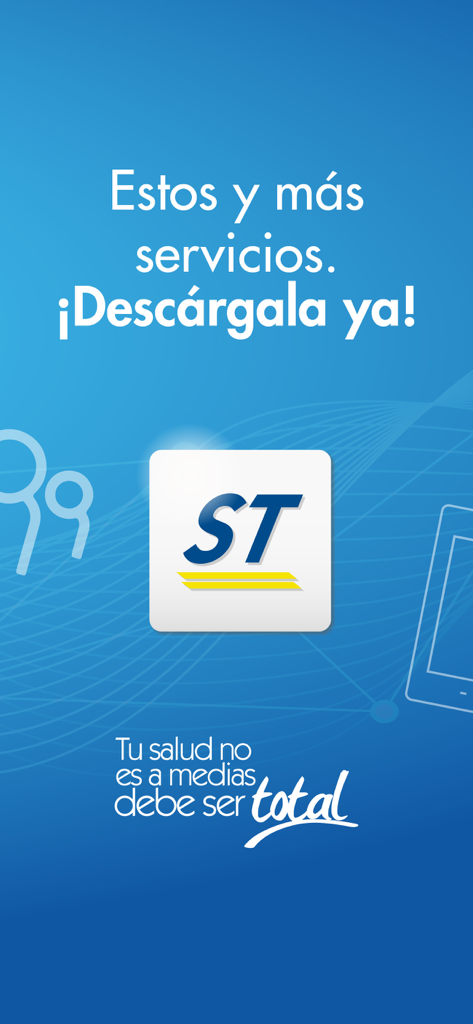 Salud Total EPS-S - Tela promocional do aplicativo Salud Total EPS-S com logotipo da empresa e chamada para ação para baixar o aplicativo