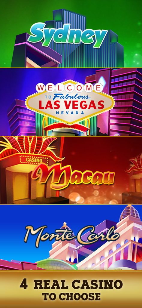 Blackjack 21: Casino Poker - Four real casino locations to choose from including Las Vegas Macau Sydney and Monte Carlo