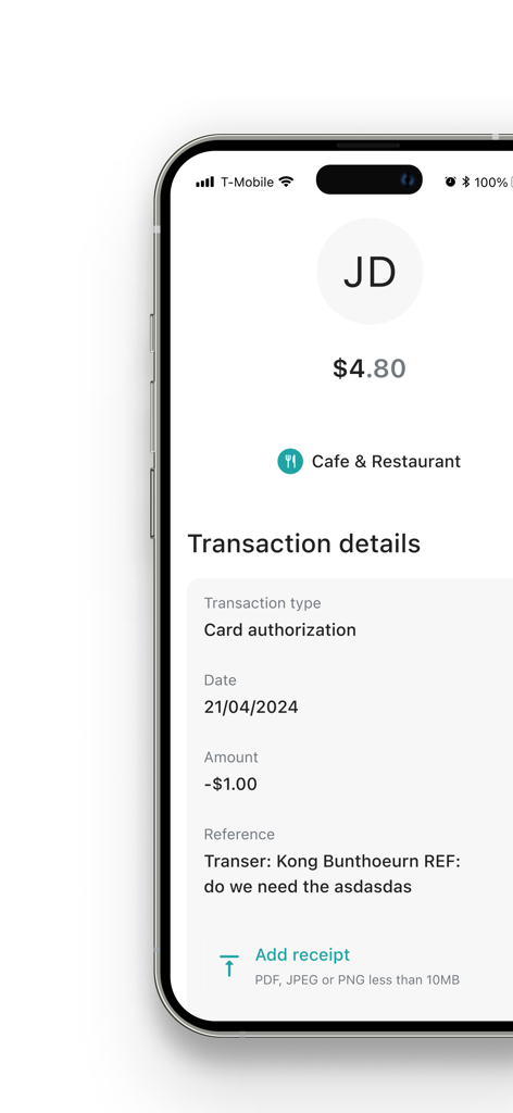 A mobile screen showing transaction details including card authorization date and amount in the P2P Finance app.