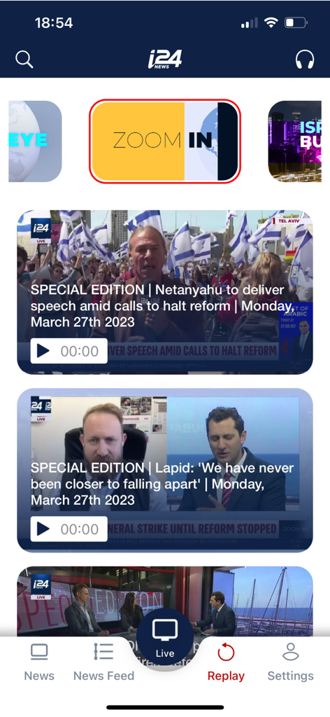 i24NEWS app replay screen showing video on demand news segments with expert analysis and live reporting from the Middle East.