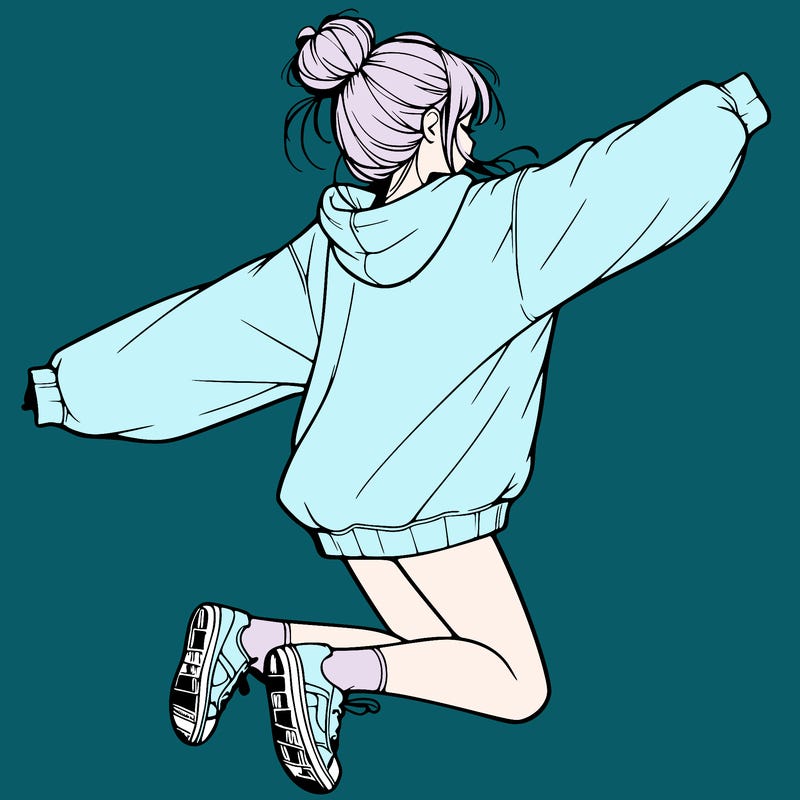 realistic girl jumping with a bun and oversized sweatshirt