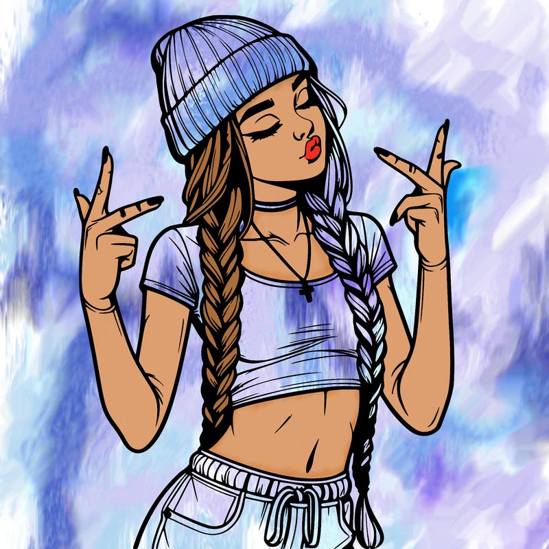 realistic teenage girl with braids and a beanie and crop top doing 🫶🏼