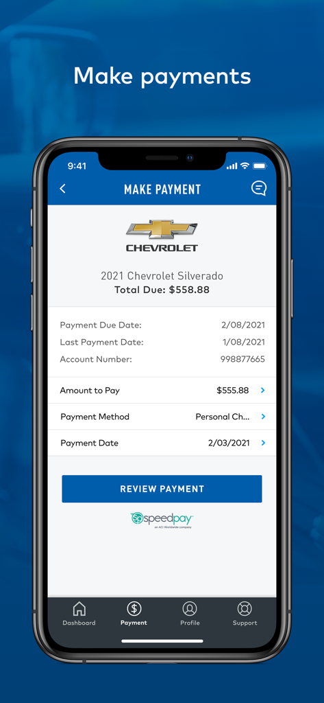 GM Financial mobile app interface for making a vehicle payment