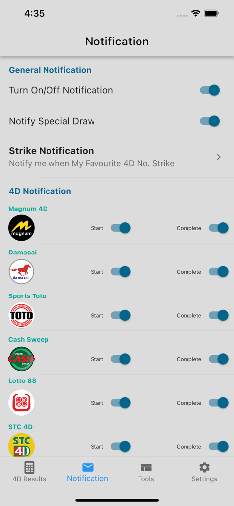 4D King V2 Live 4D Results - Notification settings screen for 4D King V2 app showing alert options for Magnum 4D Damacai and Sports Toto