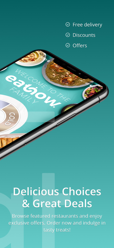 EAT Now app screenshot showing food options with free delivery and loyalty rewards