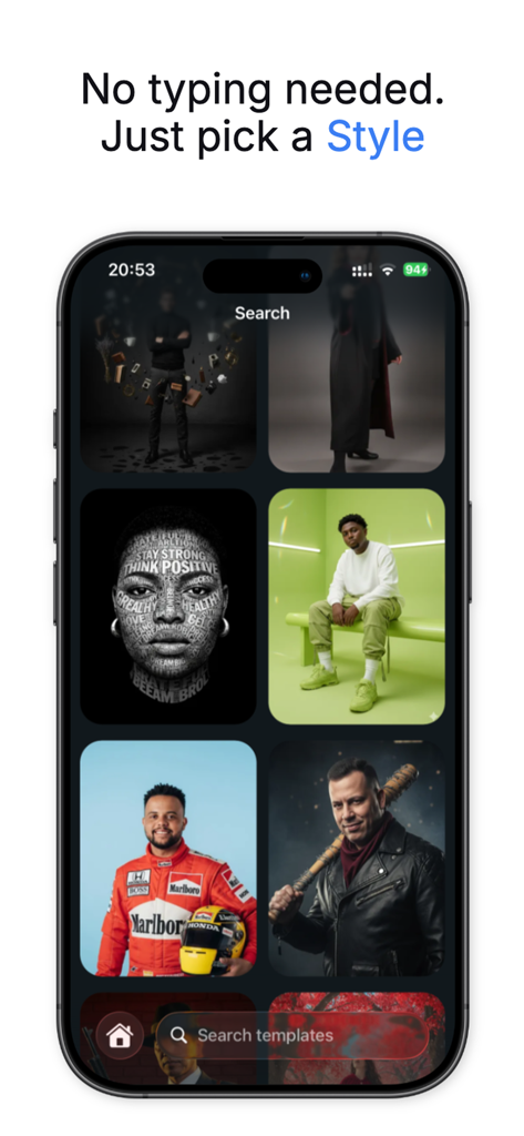 Bose - AI Photo Generator - A mobile app interface displaying multiple AI-generated portrait styles and templates with a search bar.