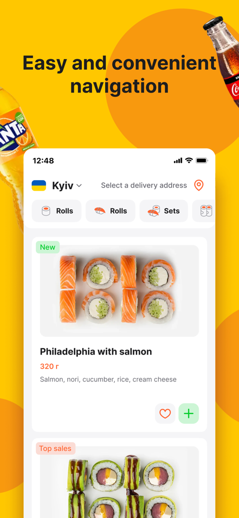 Ninja Sushi mobile app interface showing easy navigation and a menu of premium sushi rolls including Philadelphia with salmon.