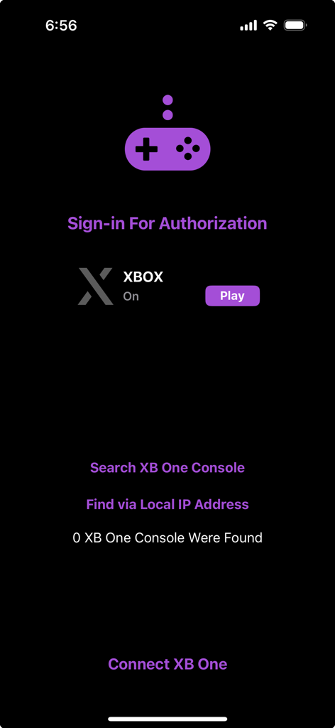 One Remote Play - Interface of One Remote Play app showing the setup screen to connect and authorize an Xbox console over a local network