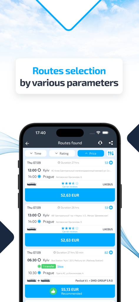 INFOBUS: Bus, train, flight - INFOBUSアプリのスクリーンショット。キエフとプラハ間のバスルート検索結果と価格比較が表示されています