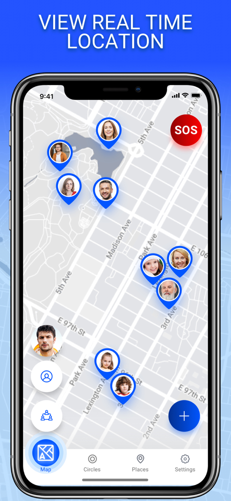 Visualização do mapa mostrando localizações da família em tempo real e botão SOS