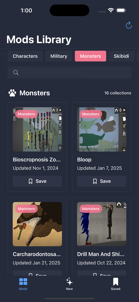 Mods for Melon Playground!! - A screen from the Mods for Melon Playground app showing a library of monster mods including characters like Bloop and Drill Man.