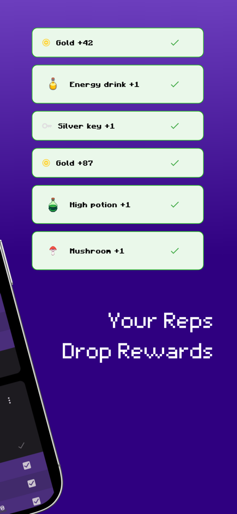RPGFitness: Workout Tracker - A list of gamified RPG rewards like gold and potions earned from exercise reps.
