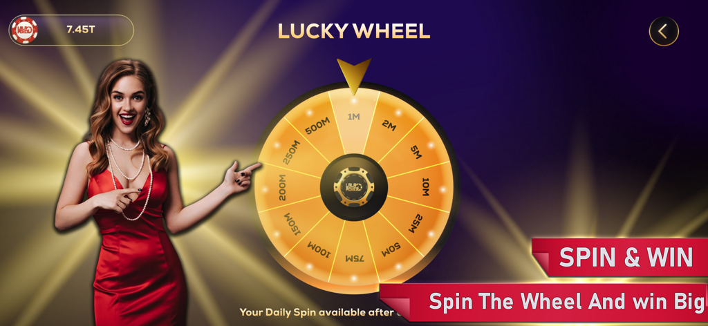 LaLa Poker - Pantalla de la rueda de la fortuna en la aplicación LaLa Poker con recompensas de fichas y una función de girar y ganar