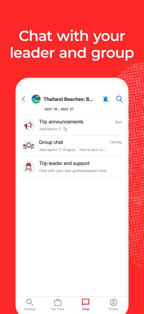 Intrepid Travel app chat interface showing options for trip announcements group chat and trip leader support.