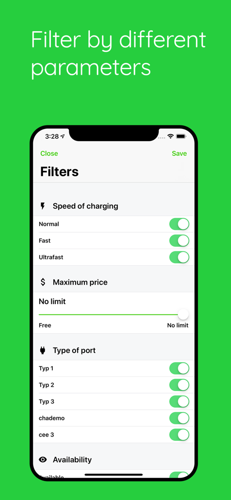 Elocity - Elocity app screen displaying filters for charging speed price and port type for electric vehicle charging stations