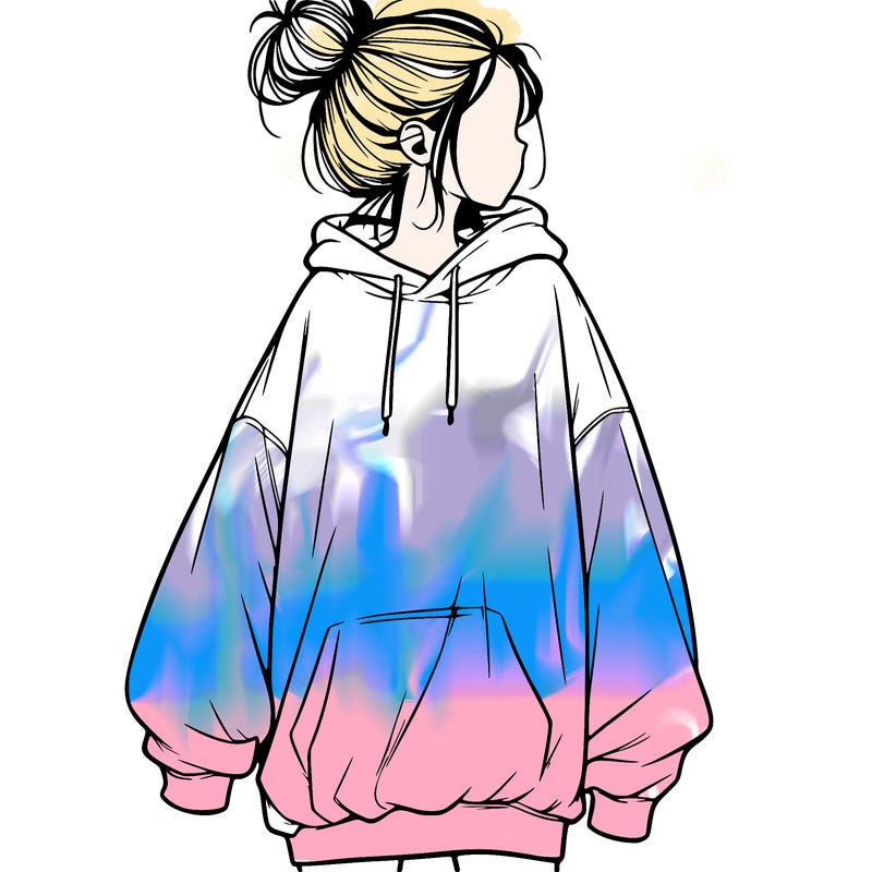 realistic girl with a oversized sweatshirt on and a bun