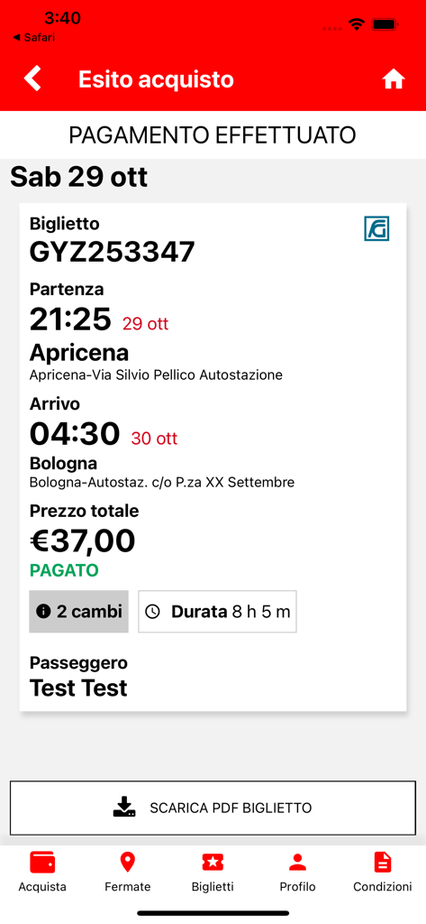 Ferrovie del Gargano - Interfaccia dell'app Ferrovie del Gargano che mostra una conferma di acquisto biglietto riuscita con dettagli del viaggio e prezzi