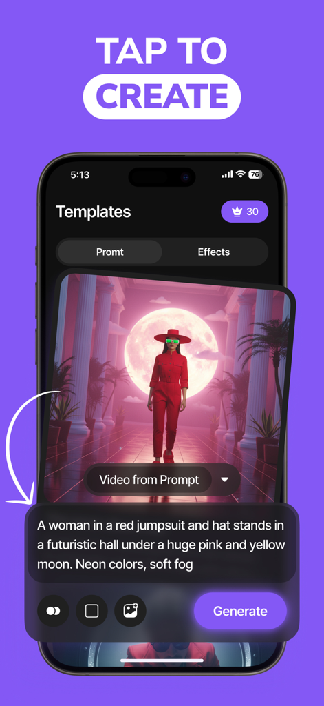 Interface do aplicativo Pictory mostrando um prompt de texto para vídeo e uma imagem cinematográfica gerada de uma mulher em um macacão vermelho