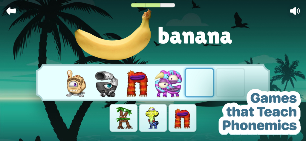 Plingo: English - Educational game in Plingo English where children spell the word banana using character-themed letters to learn phonemics.