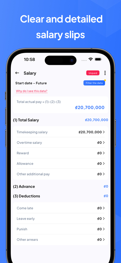 Timesheet & Payroll: EzWork - 급여 및 공제 내역이 포함된 상세 급여명세서를 보여주는 EzWork 앱 인터페이스