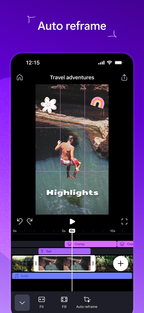 Microsoft Clipchamp mobile app interface showing the auto reframe tool used to crop a travel video for social media.