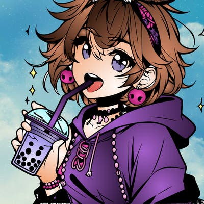 hot baddie anime girl drinking boba and biting the straw
